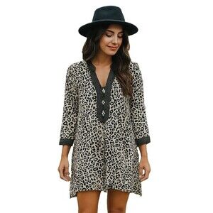 Womens Long Sleeve Tunic Top Mini Shirt Dress Size XS Leopard Boho Edgy Playful